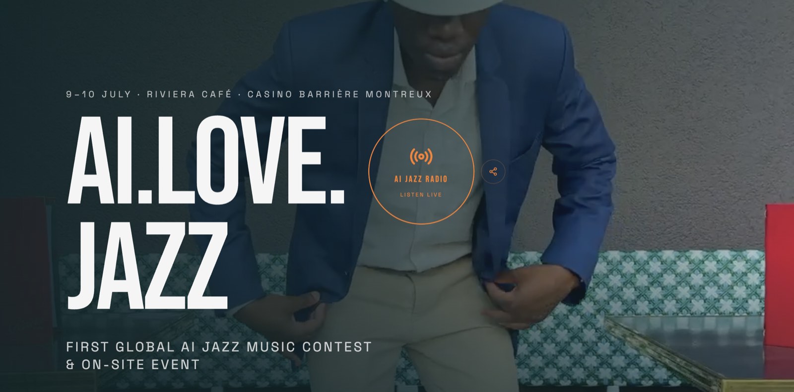 AI.LOVE.JAZZ festival branding over a jazz performer, dated July 9-10 at Casino Barrière Montreux