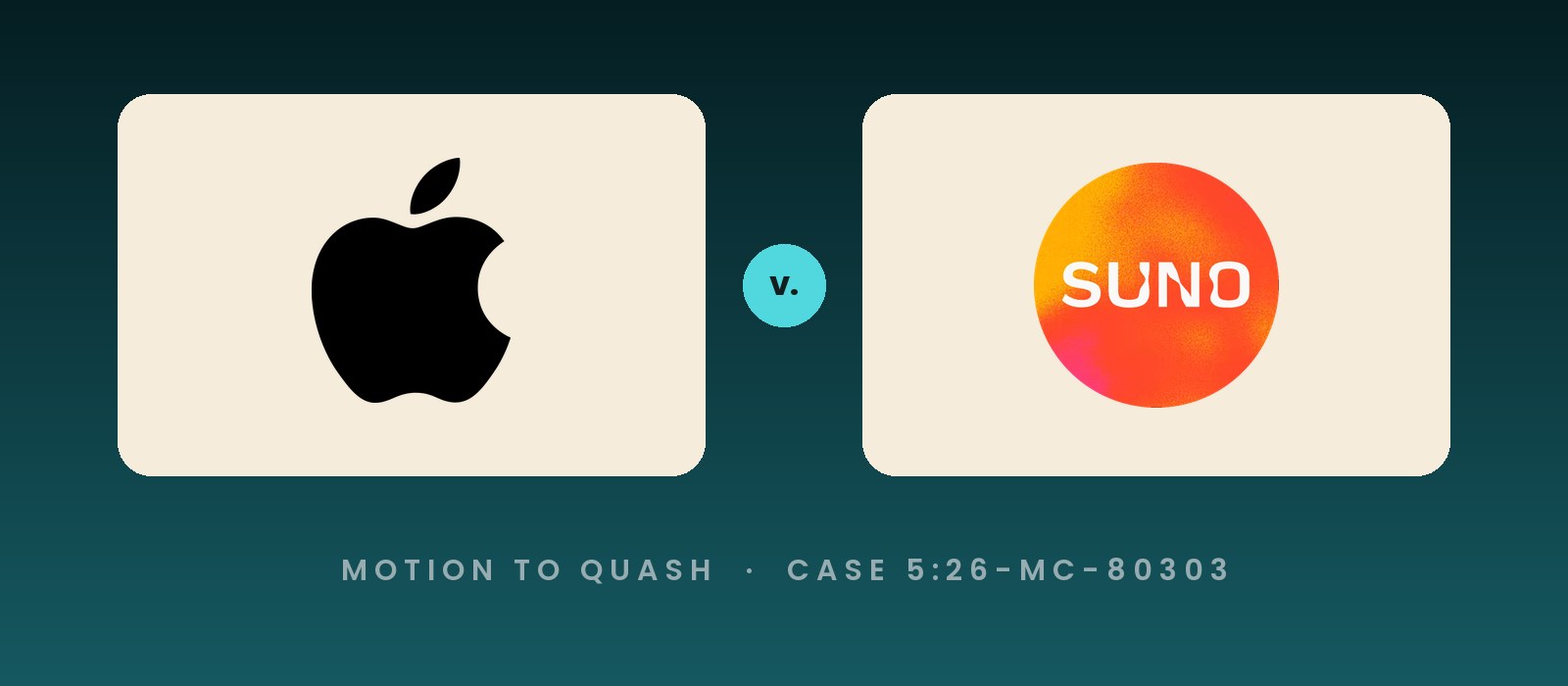 Apple logo facing the Suno logo across a v. mark, for Apple's motion to quash