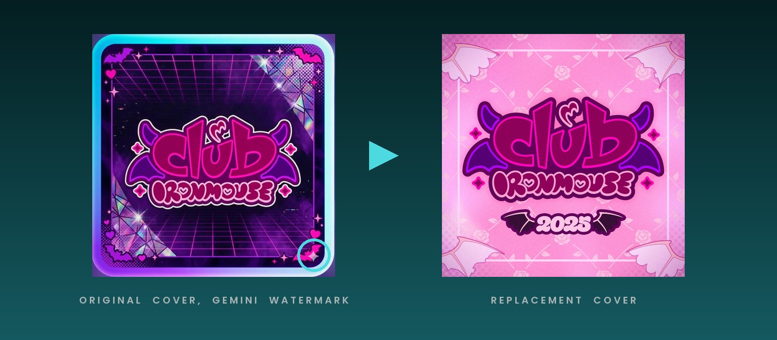 Original Club Ironmouse cover with the Gemini watermark circled, next to the replacement cover