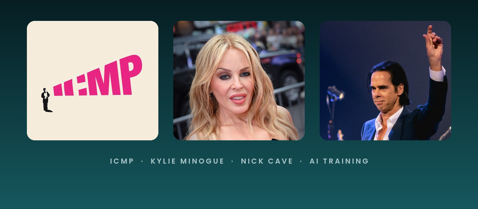 ICMP logo beside photos of Kylie Minogue and Nick Cave over Australia's AI training copyright fight