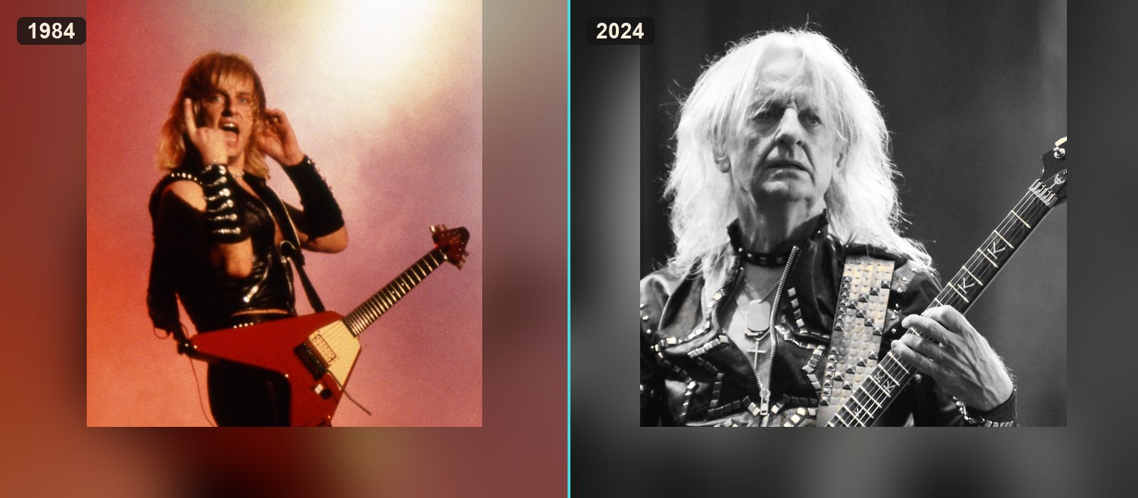 K.K. Downing playing a red Flying V in 1984 next to Downing on stage with KK's Priest in 2024