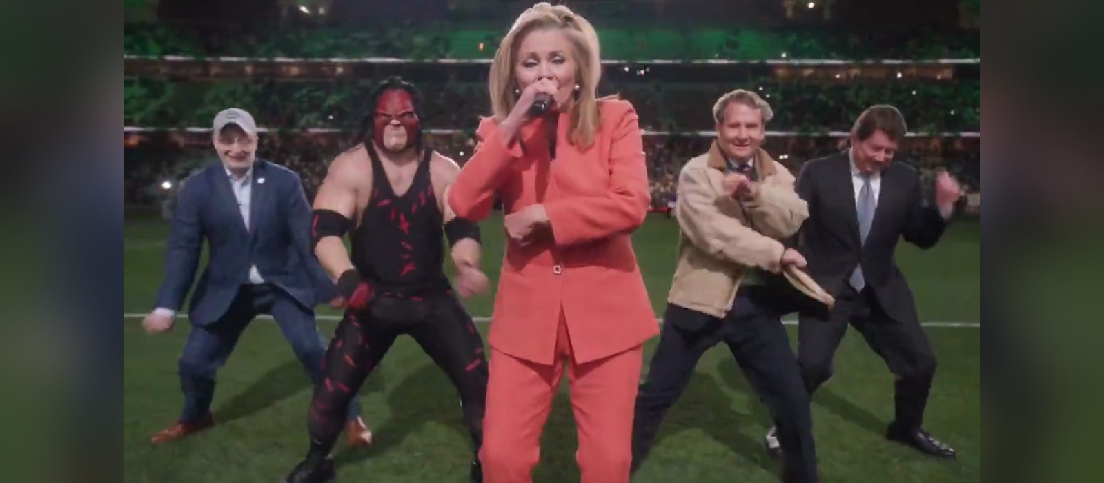 Still from the AI video of Marsha Blackburn singing with Tennessee Republicans on a football field