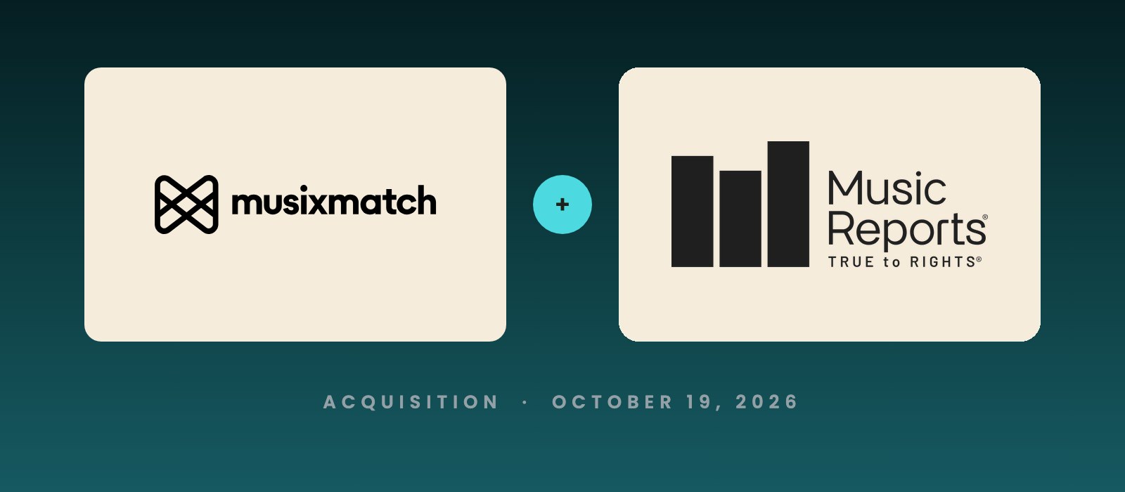 Musixmatch and Music Reports logos side by side, marking Musixmatch's October 2026 acquisition of Music Reports