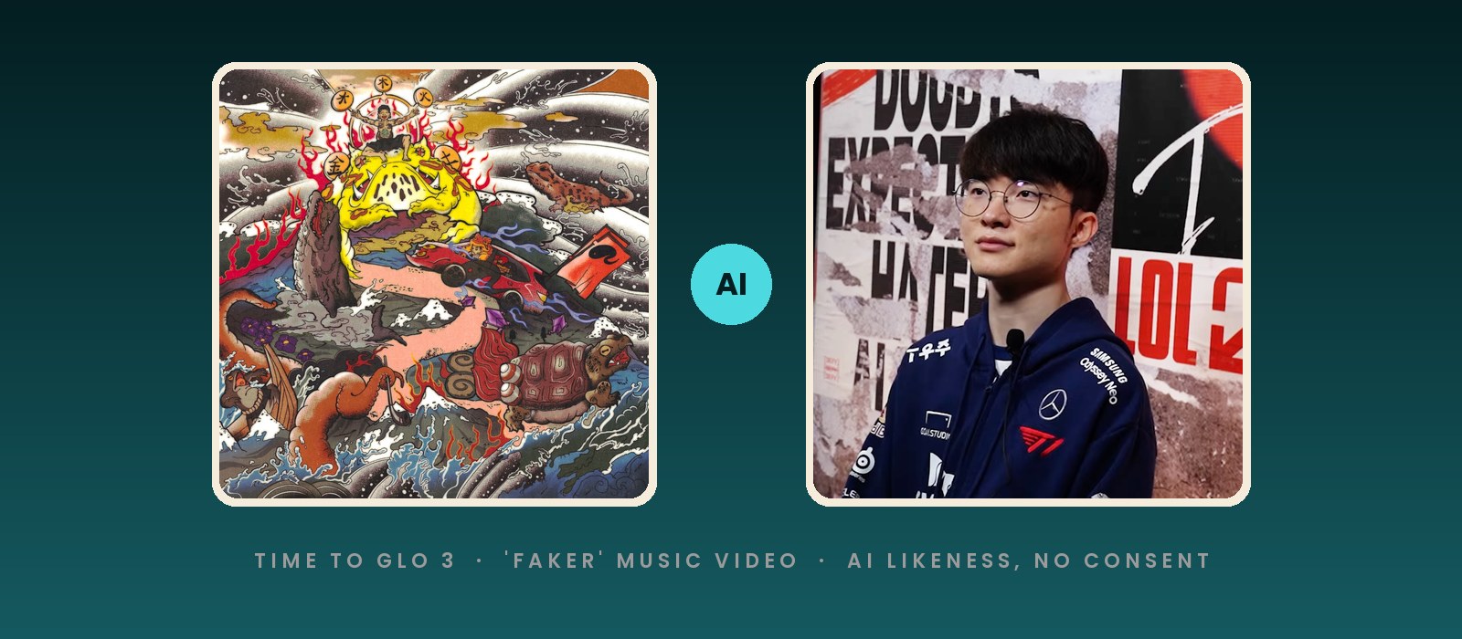 Northface God's Time To Glo 3 album cover next to T1 star Faker, whose AI likeness appeared in the Faker music video