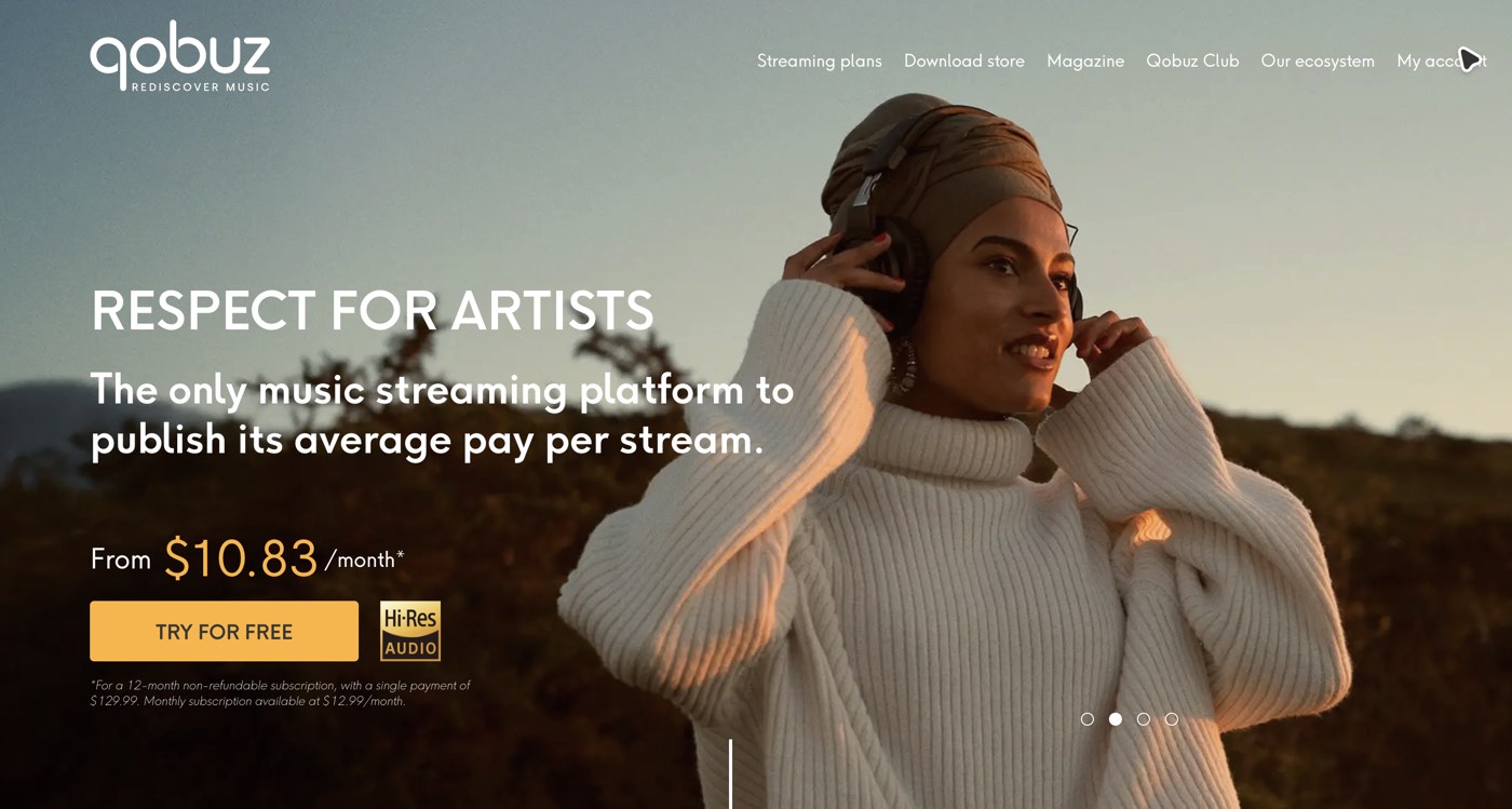 Qobuz homepage hero with 'Respect for Artists' tagline, woman in headphones, and pricing from $10.83 per month