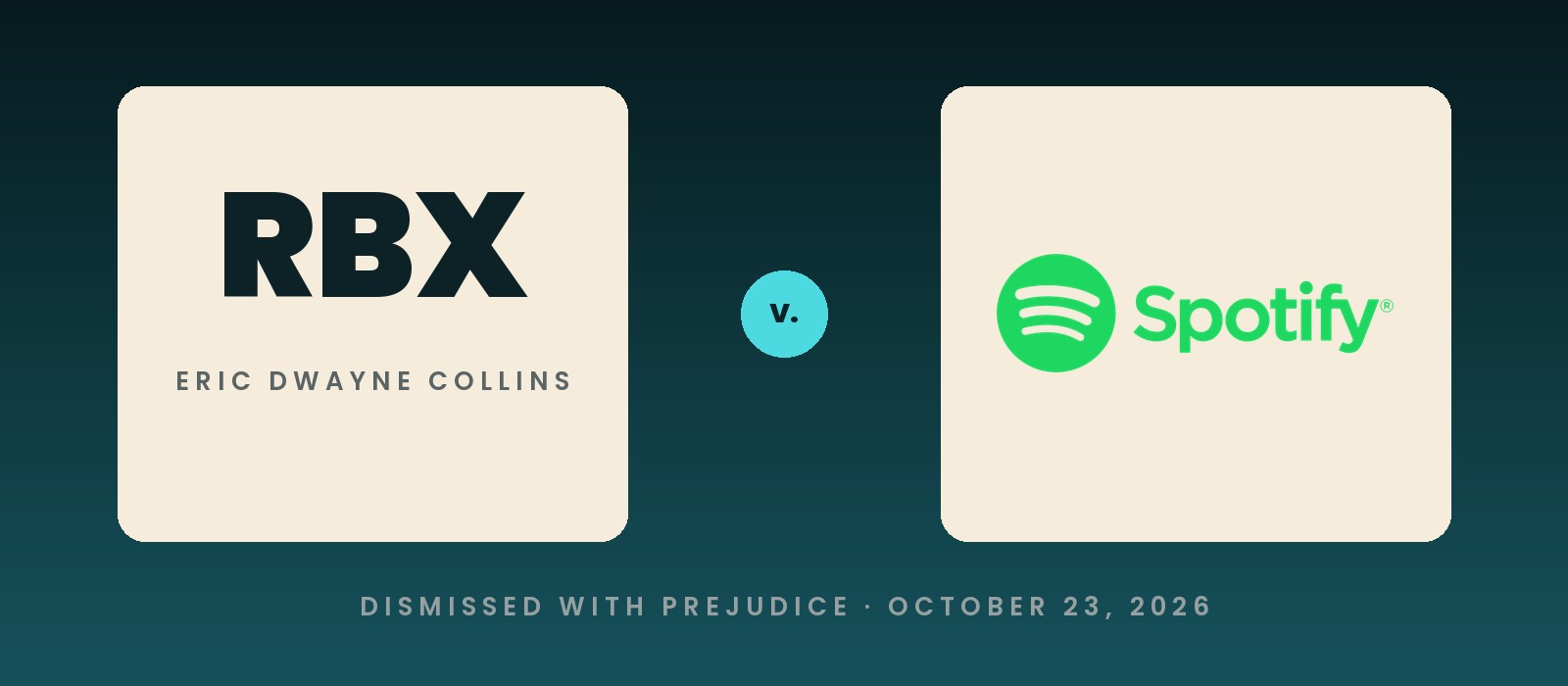 RBX name card versus the Spotify logo, marking the dismissal of his bot-stream lawsuit