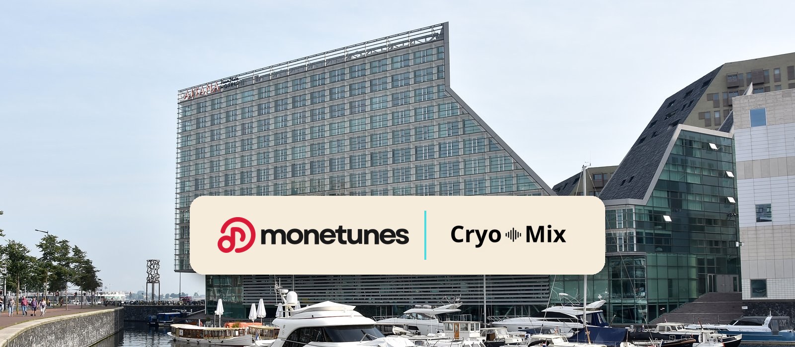Monetunes and Cryo Mix logos over Room Mate Aitana hotel on Amsterdam's IJdok, venue of their ADE 2026 showcase