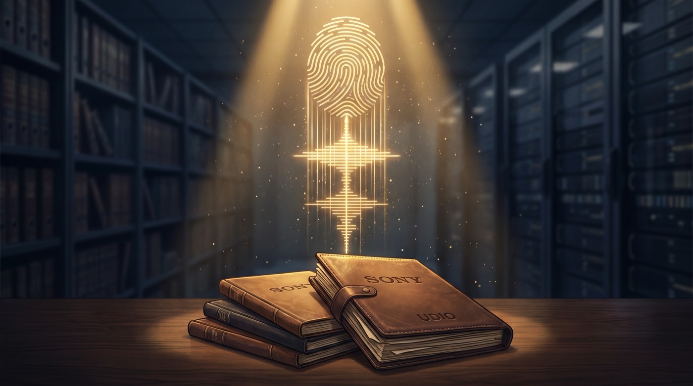 Editorial illustration of leather legal folders embossed Sony and Udio next to a glowing audio waveform morphing into a fingerprint, suggesting AI training data forensics