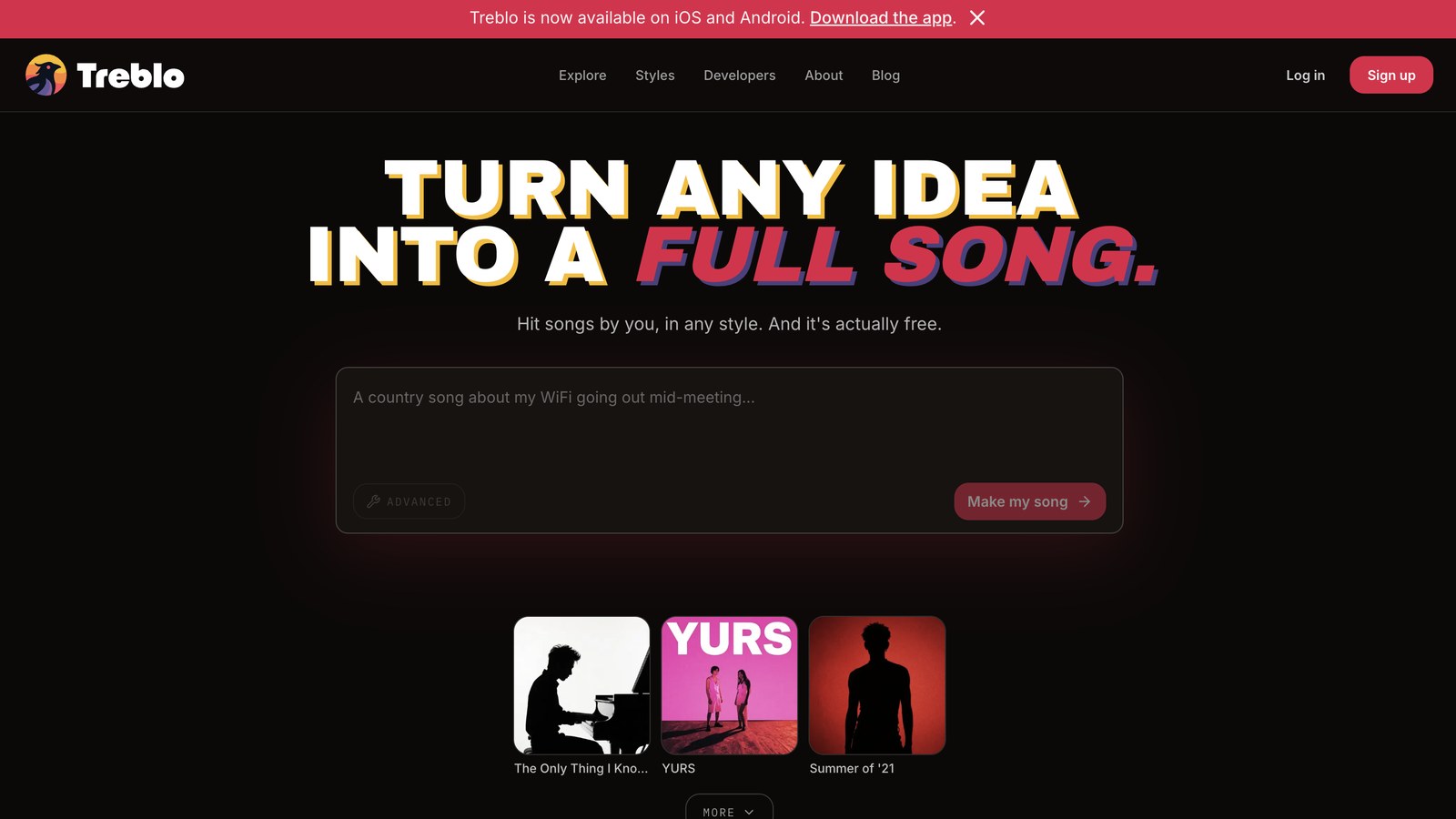 The Treblo homepage promising to turn any idea into a full song, the AI platform now flagging Fenix Flexin's hit Rubberz as its own output