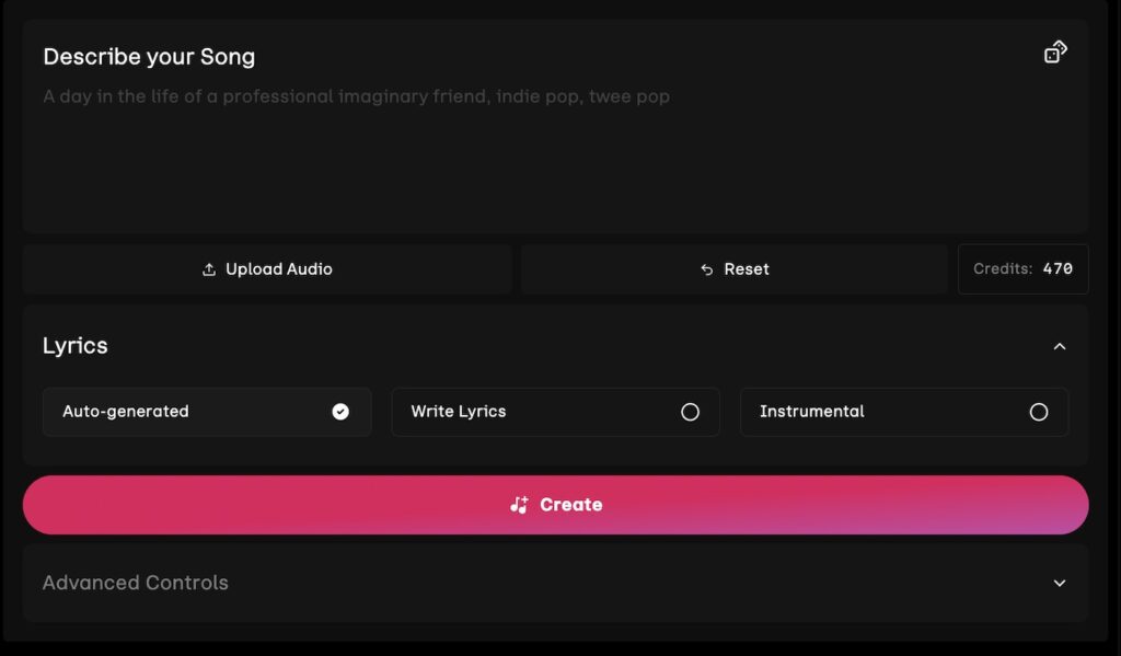 A screenshot of the Udio AI music generator’s create song interface. It includes a field to describe the song, options for auto-generated or custom lyrics, instrumental settings, and a large "Create" button.