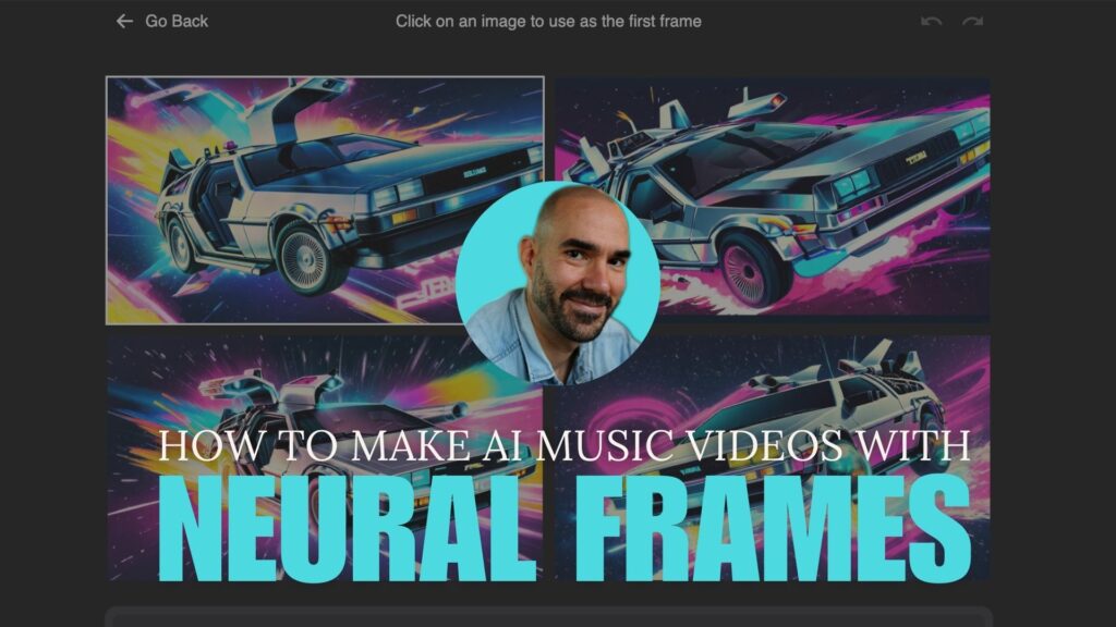 AI-generated flying DeLorean images with text 'How to make AI music videos with Neural Frames'.