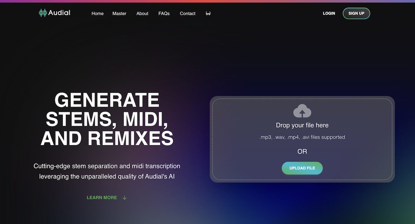 The image shows the homepage of a website named "Audial." The background is dark with a gradient of deep blue to purple. The left side features large white text stating, "GENERATE STEMS, MIDI, AND REMIXES," followed by smaller text promoting AI-driven stem separation and MIDI transcription. The right side has a file upload section with a cloud icon and instructions to "Drop your file here," listing supported file types. The top navigation bar includes links for Home, Master, About, FAQs, Contact, and options to Log In or Sign Up.