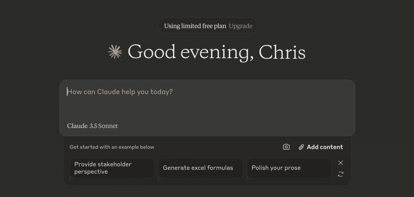 Claude AI greeting the user with 'Good evening, Chris' and offering options like 'Polish your prose.'