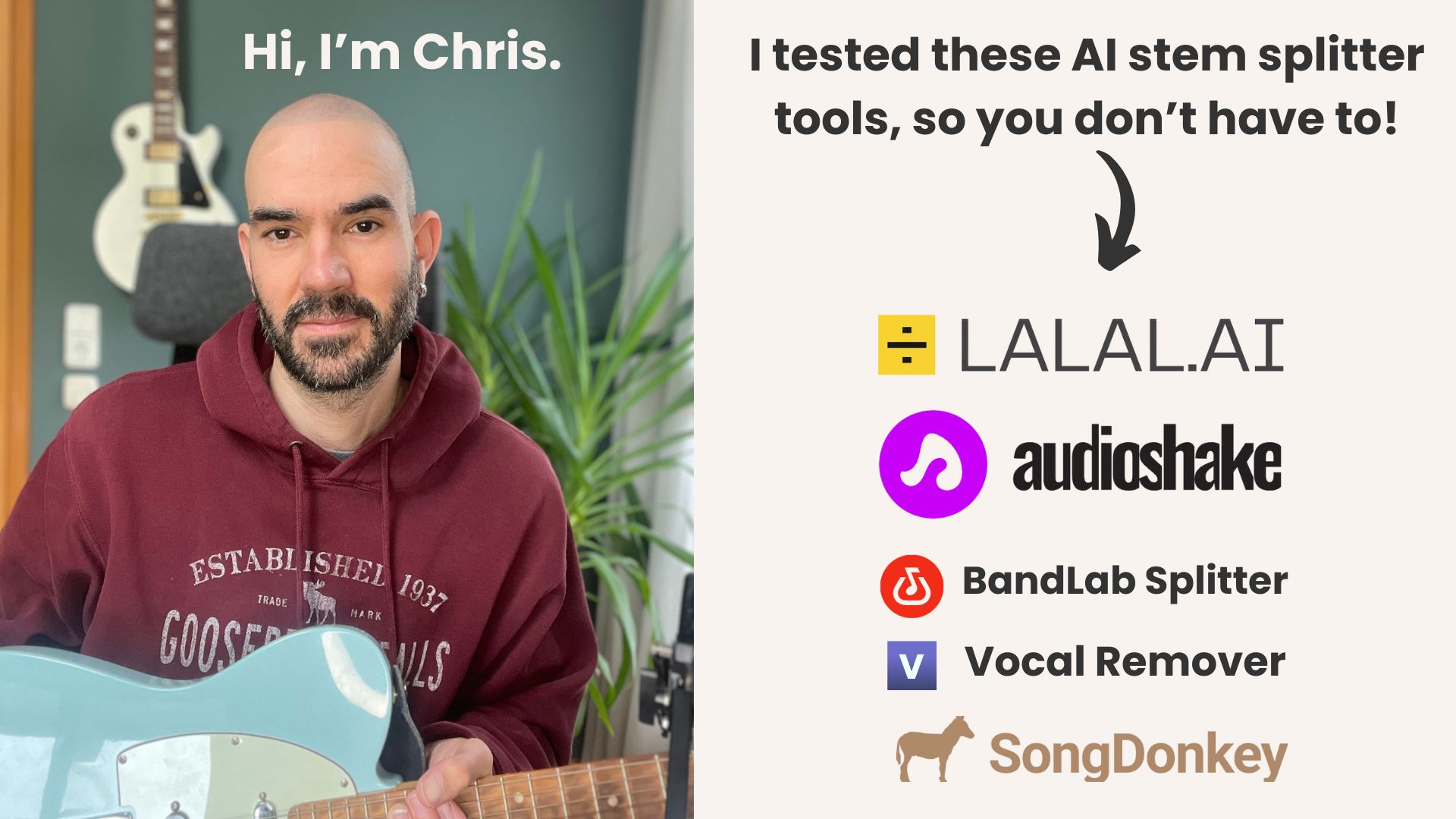 My name is Chris and I tested these 5 AI stem separation tools, so you don't have to. Tools include LALAL.AI, BandLab Splitter, Vocal Remover, SongDonkey, and audioshake.