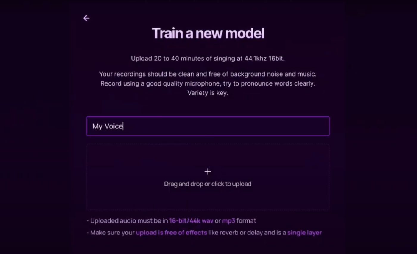 The image shows a dark-themed interface of Voice-Swap with the title "Train a new model" in light purple text. Below it, instructions for uploading 20 to 40 minutes of singing at 44.1kHz 16bit are provided. There’s a text field labeled "My Voice" and a section prompting users to drag and drop or click to upload audio files.