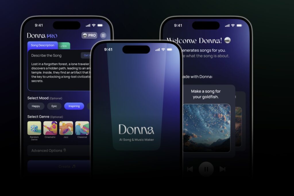 Donna AI Music Generator: Three phone screens display the Donna app, an AI-powered music generator. Features include mood and genre selection with options like "inspiring" and "cinematic," and a section to describe song concepts, such as discovering ancient artifacts in a forest.