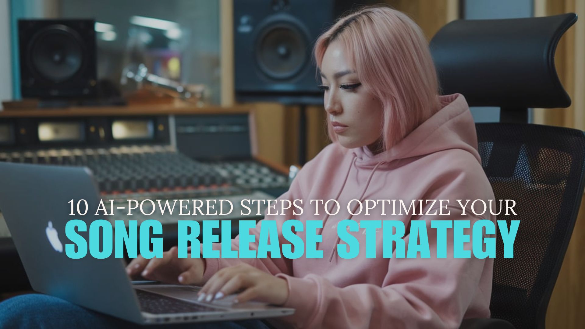 Young woman in a pink hoodie working on a laptop in a recording studio with text overlay about AI-powered steps for song release strategy.