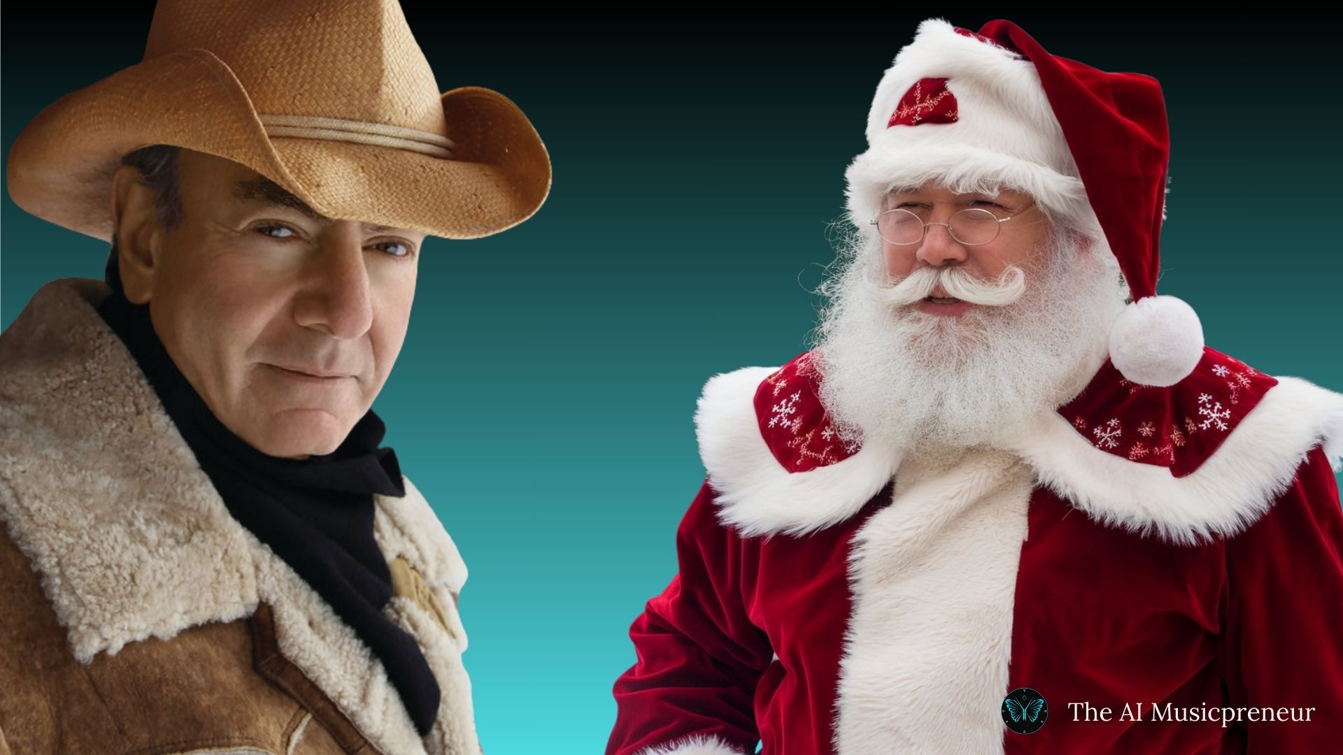 Neil Diamond in shearling coat and Santa in festive red suit with "The AI Musicpreneur" logo on teal backdrop.