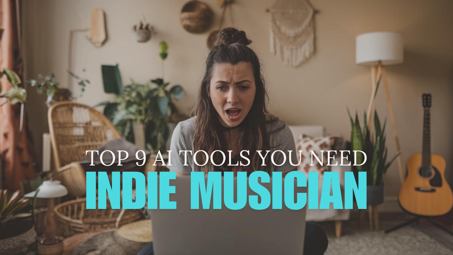 Excited indie musician in a cozy room with plants and a guitar, exploring top 9 AI tools for artists.