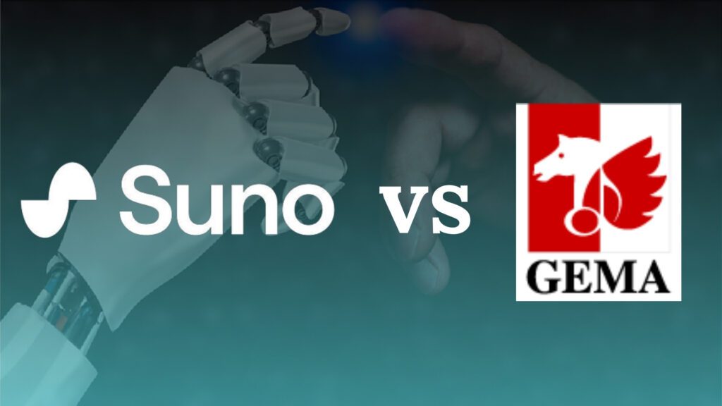 A comparison graphic featuring the Suno logo and the GEMA logo with the text 'Suno vs GEMA,' overlaid on a robotic hand reaching toward a human hand, symbolizing a legal dispute involving AI.