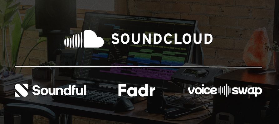 A partnership banner displaying the SoundCloud logo alongside logos for Soundful, Fadr, and VoiceSwap. The background features a music studio with a computer screen showing audio editing software and a cozy interior.