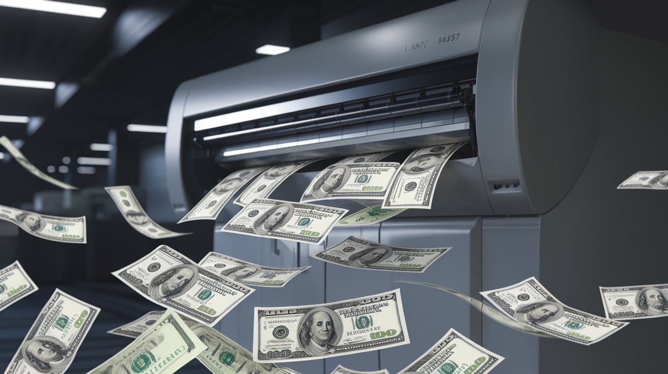 Close-up of a printing machine producing U.S. dollar bills, with freshly printed money floating through the air.