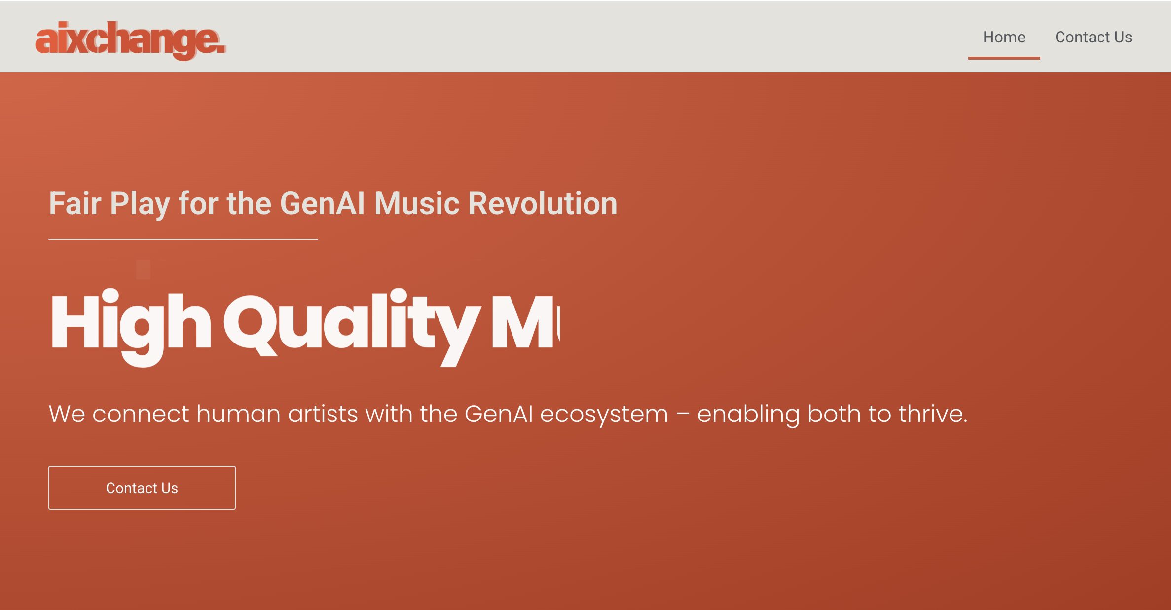 Aixchange website homepage with a red-orange background, tagline 'Fair Play for the GenAI Music Revolution,' and a call-to-action button labeled 'Contact Us.