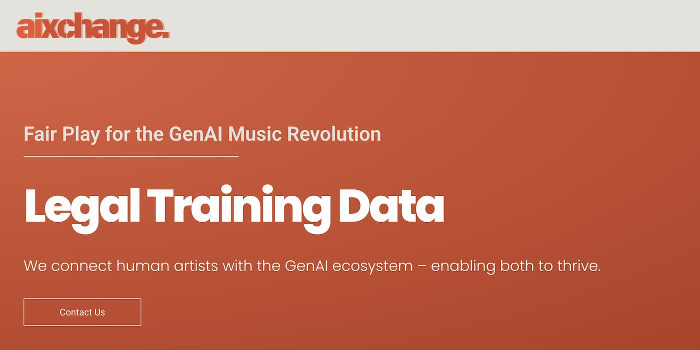 Aixchange website homepage with a red-orange background, tagline 'Fair Play for the GenAI Music Revolution,'