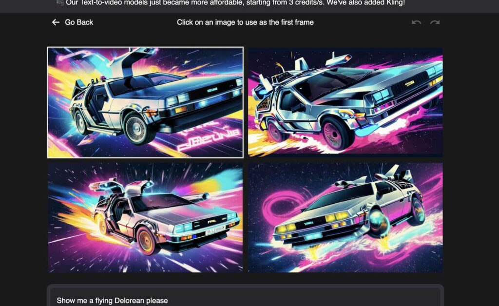 Neural Frames interface displaying four AI-generated flying DeLorean images for selection.