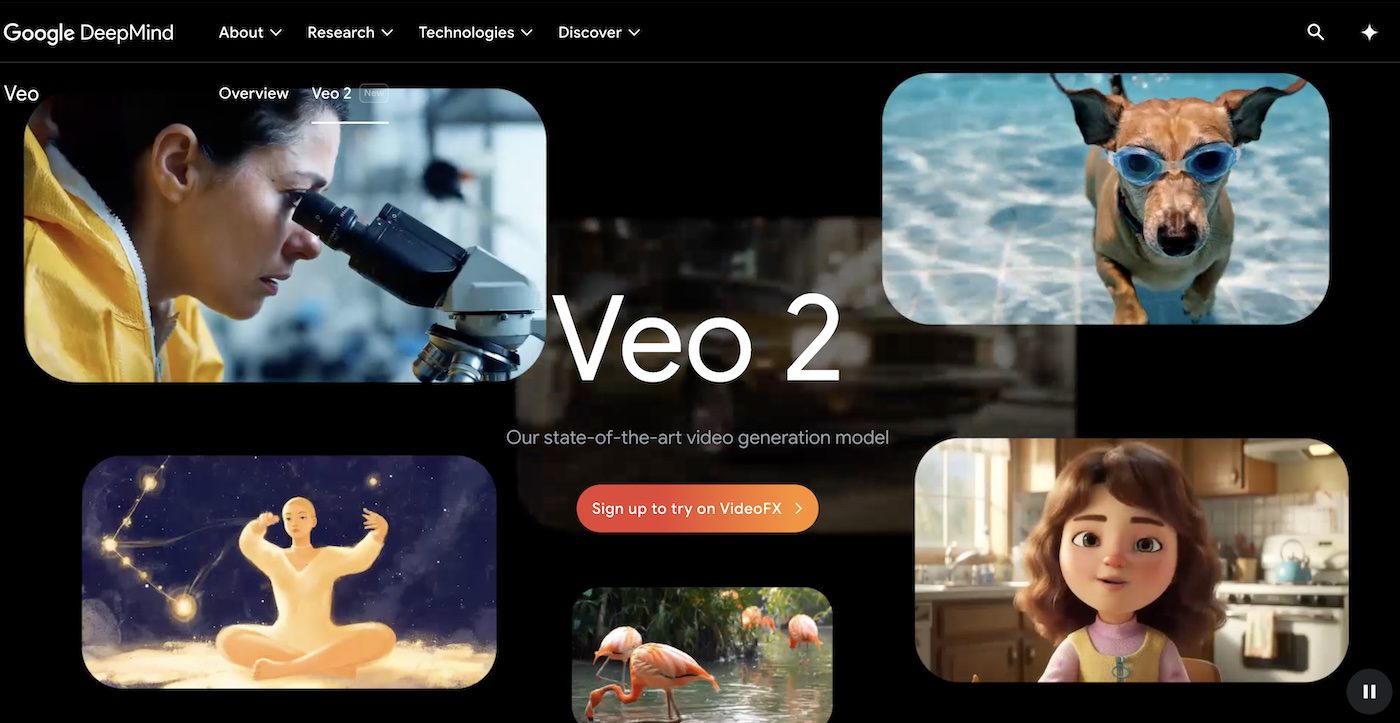 Google DeepMind Veo 2 webpage showcasing AI video generation with sample visuals.