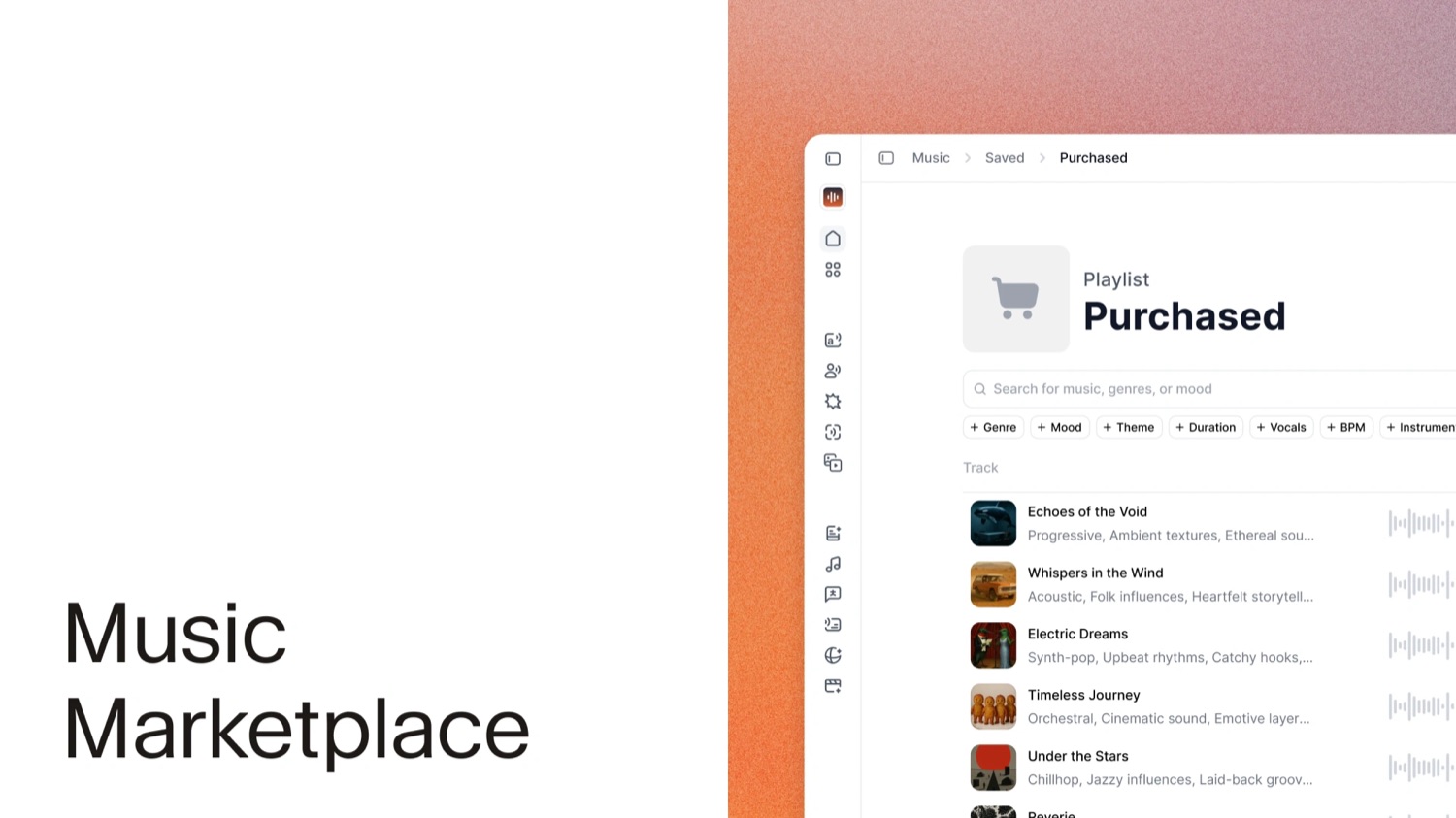 ElevenLabs Music Marketplace interface showing a purchased playlist with tracks filtered by genre, mood, and BPM.