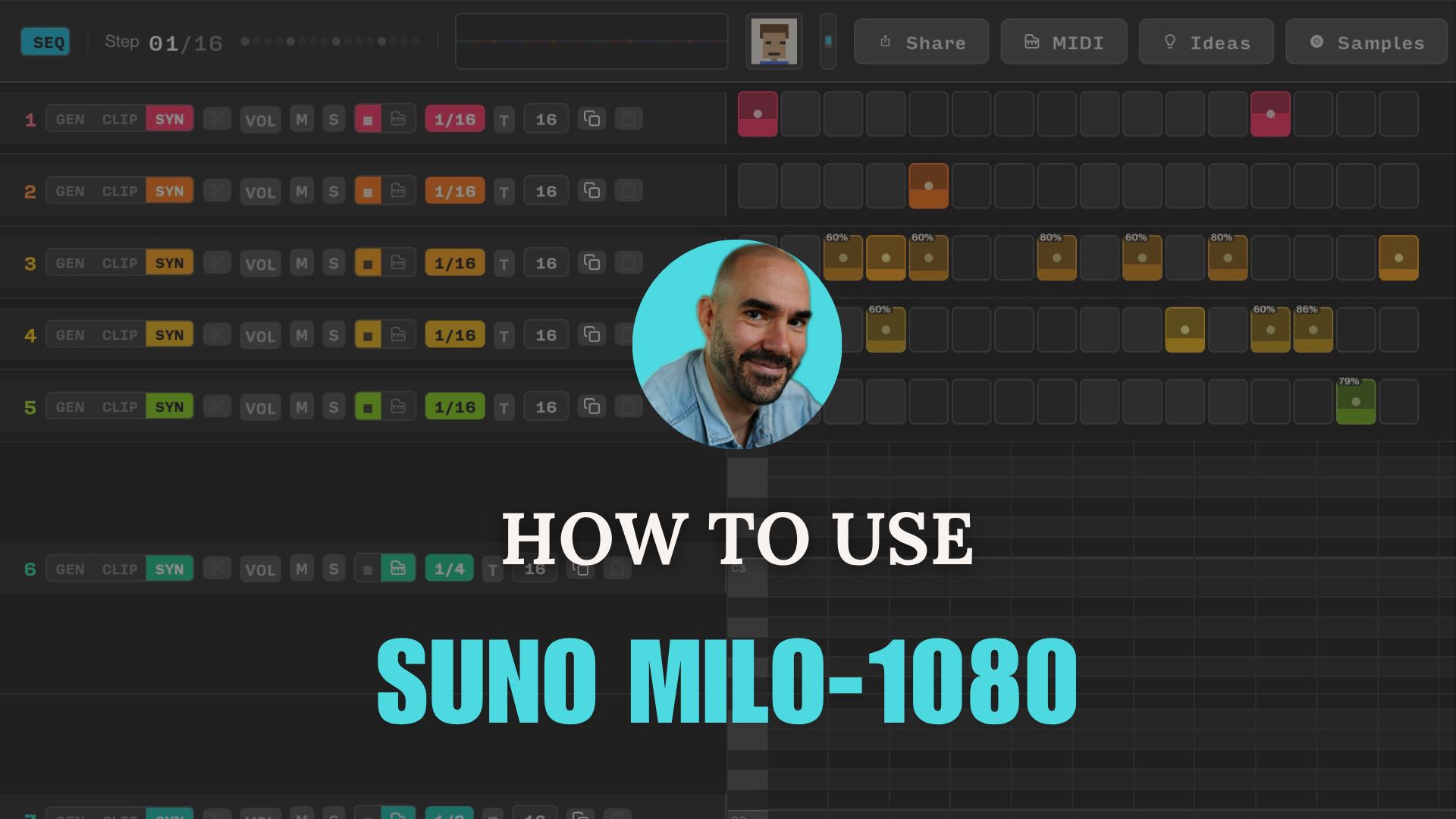 Tutorial thumbnail for Suno MILO-1080 step sequencer showing interface overview with avatar profile and multitrack sequencer grid.