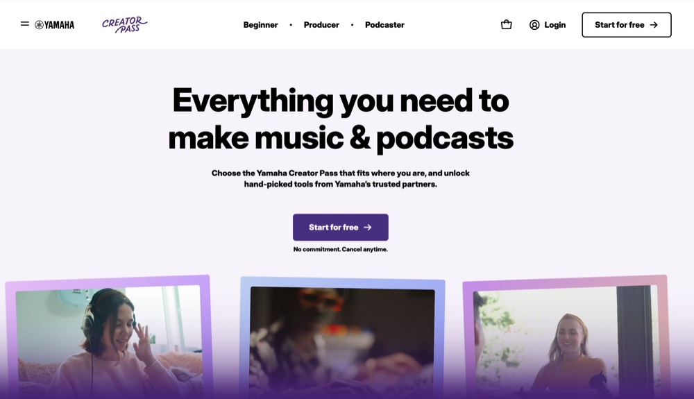 Yamaha Creator Pass homepage with headline 'Everything you need to make music & podcasts'