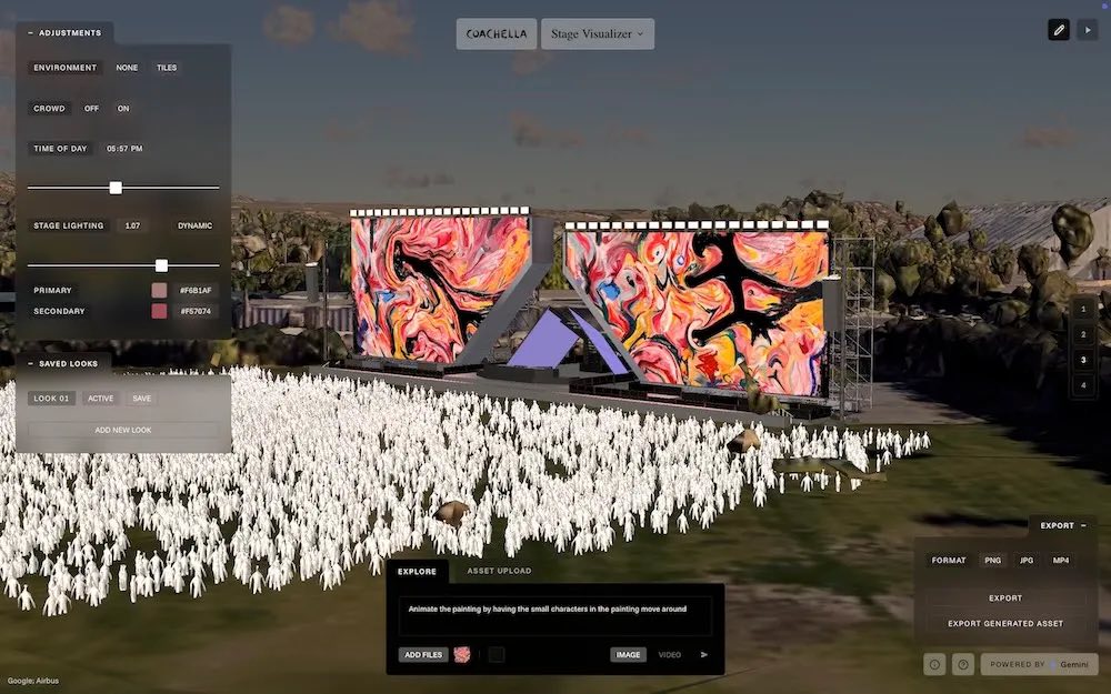 3D stage design with two large abstract screens and a colorful mural, surrounded by a white crowd of avatars in a design tool UI.