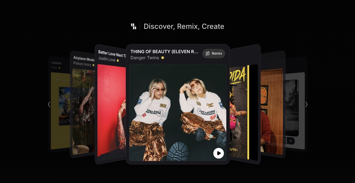 ElevenMusic discover remix create homepage showing song carousel with Danger Twins track highlighted.
