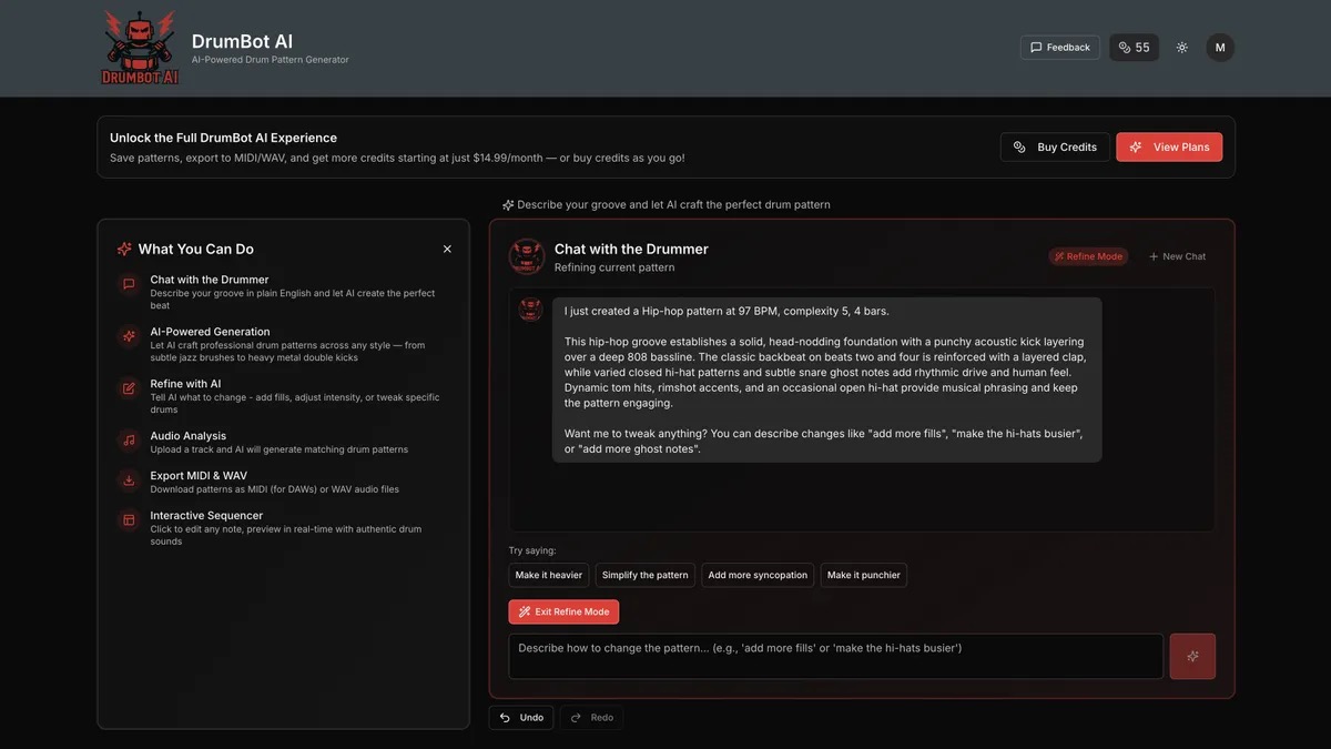 DrumBot AI chat interface showing AI-generated hip-hop groove description and refine mode options.