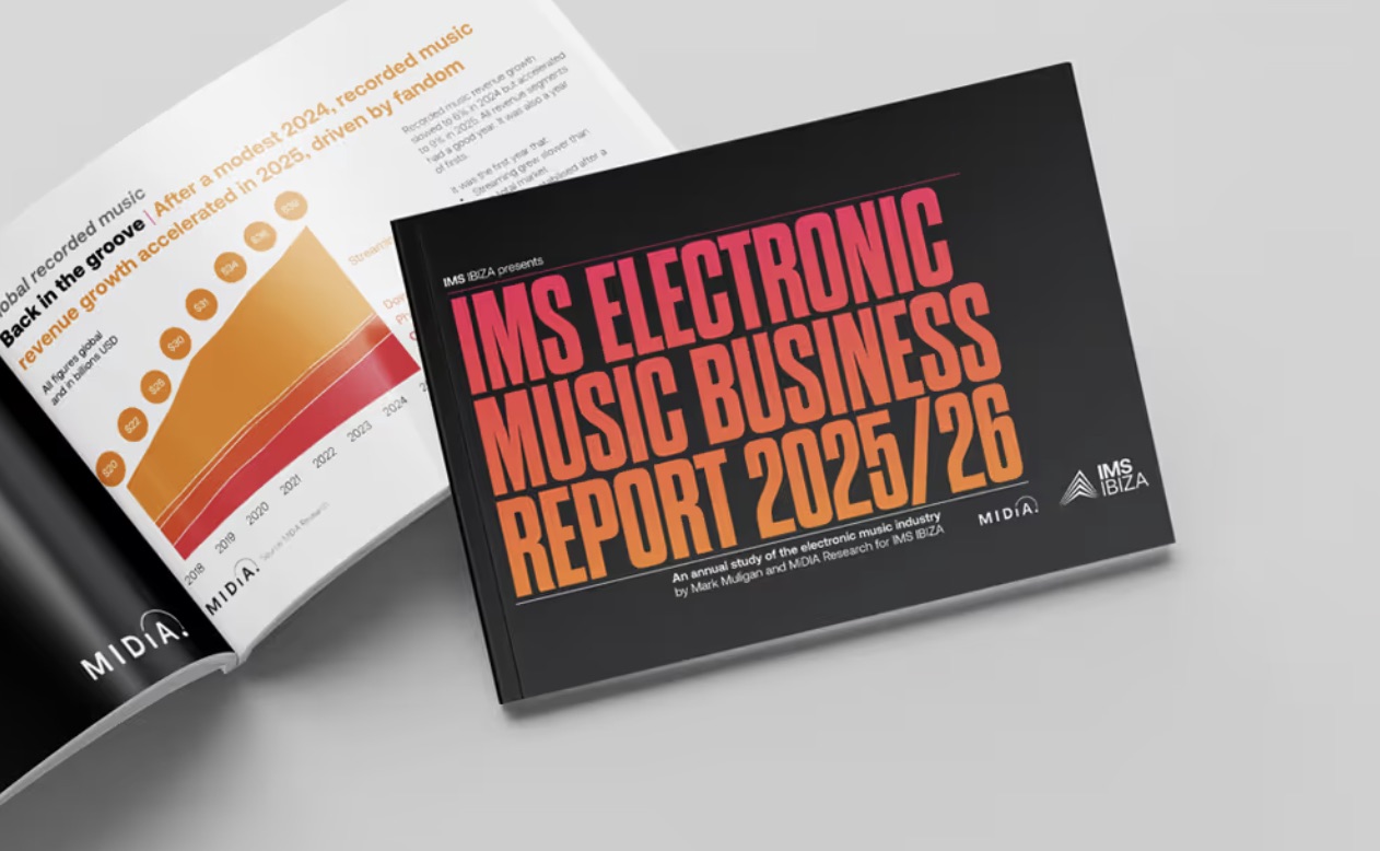 IMS Electronic Music Business Report 2025/26 cover and open spread showing recorded music revenue chart by MIDiA Research for IMS Ibiza.