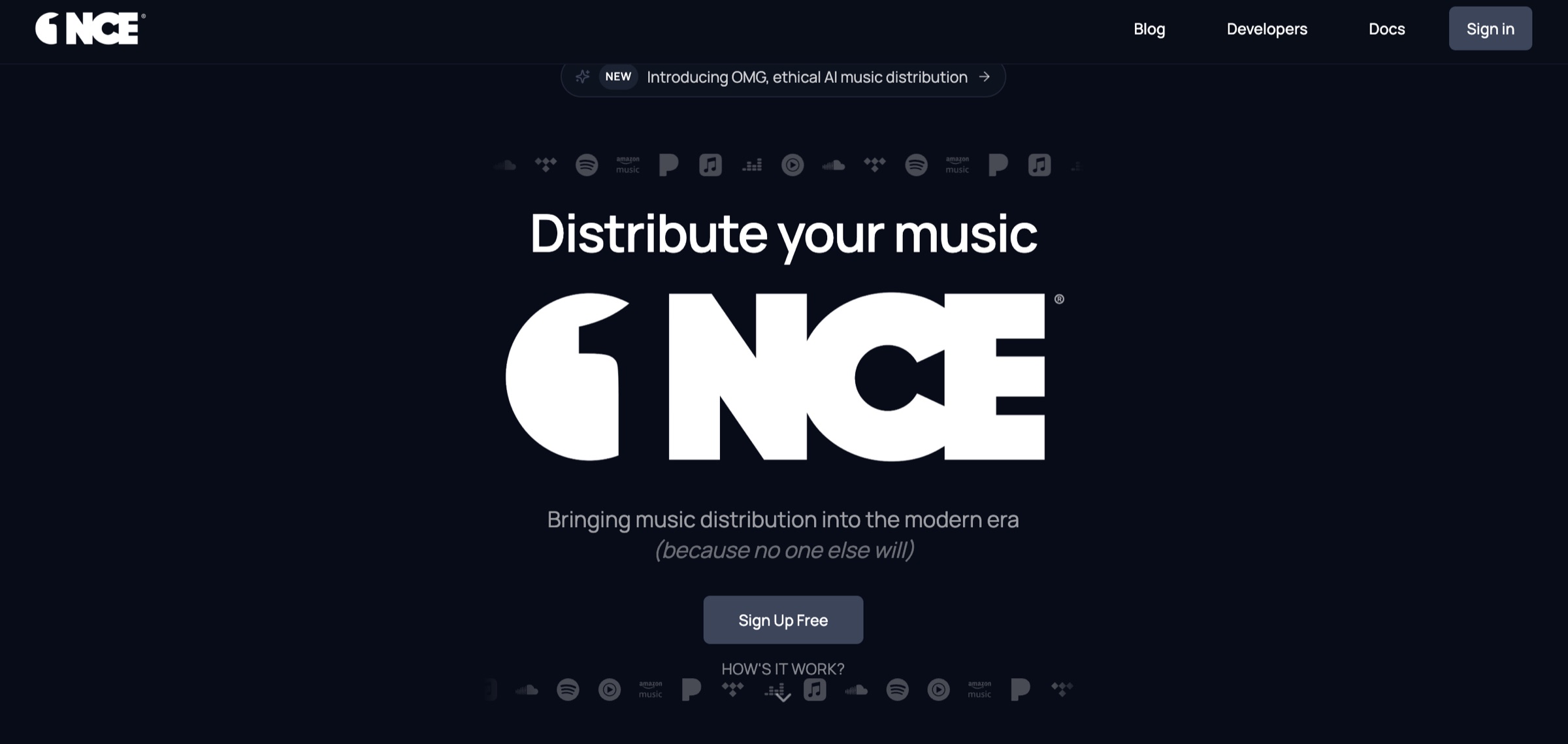 ONCE music distribution platform homepage with tagline "Bringing music distribution into the modern era".