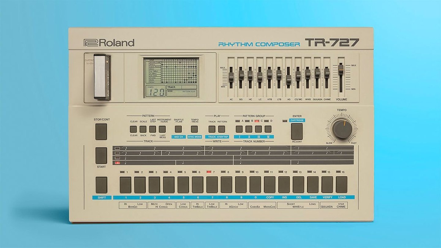 Roland TR-727 Rhythm Composer drum machine on light blue background showing step sequencer layout.