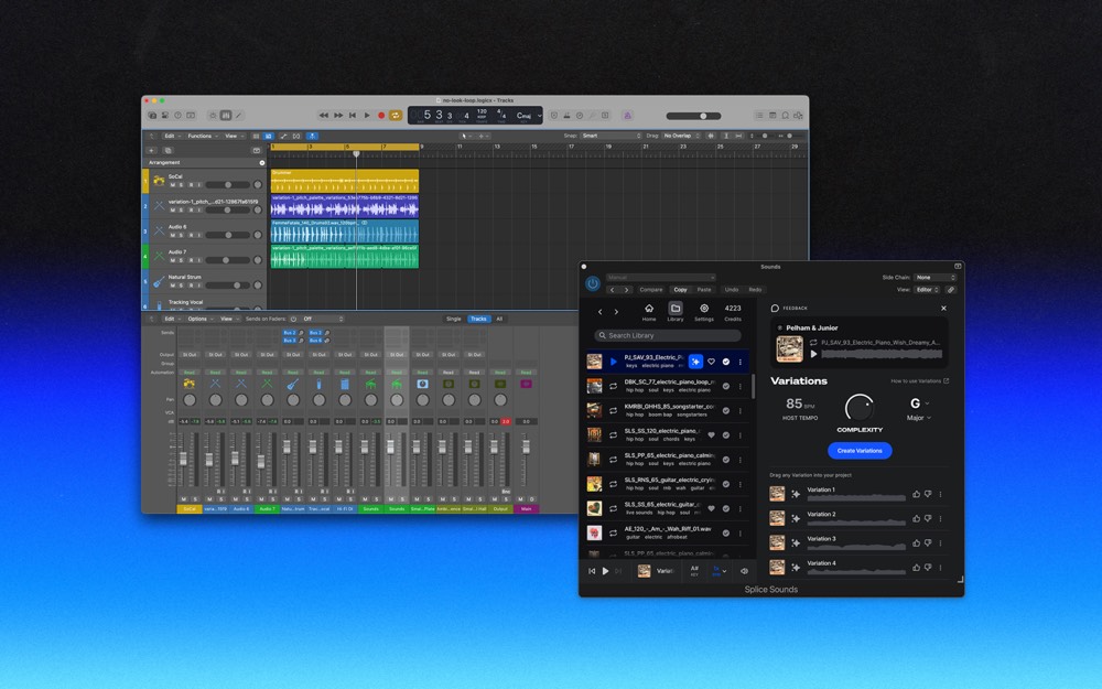 Logic Pro session with Splice AI sample generator panel showing Variations tool at 85 BPM in G.