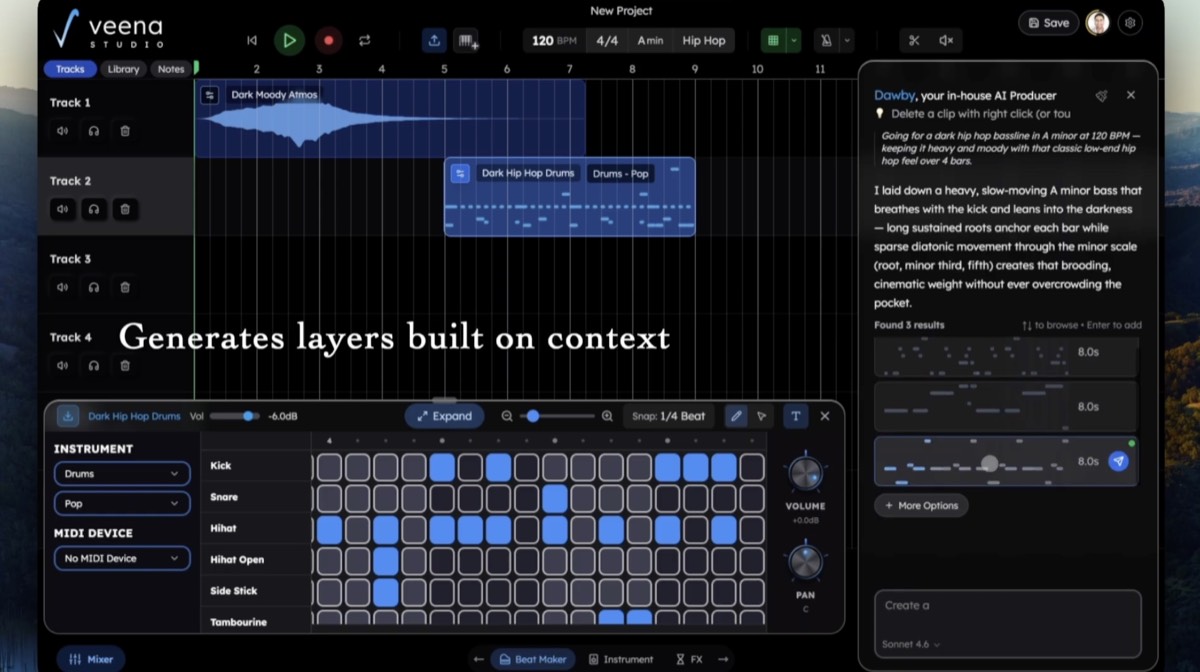 Veena Studio browser DAW with CoProducer generating a dark hip hop bass line and beat maker open.