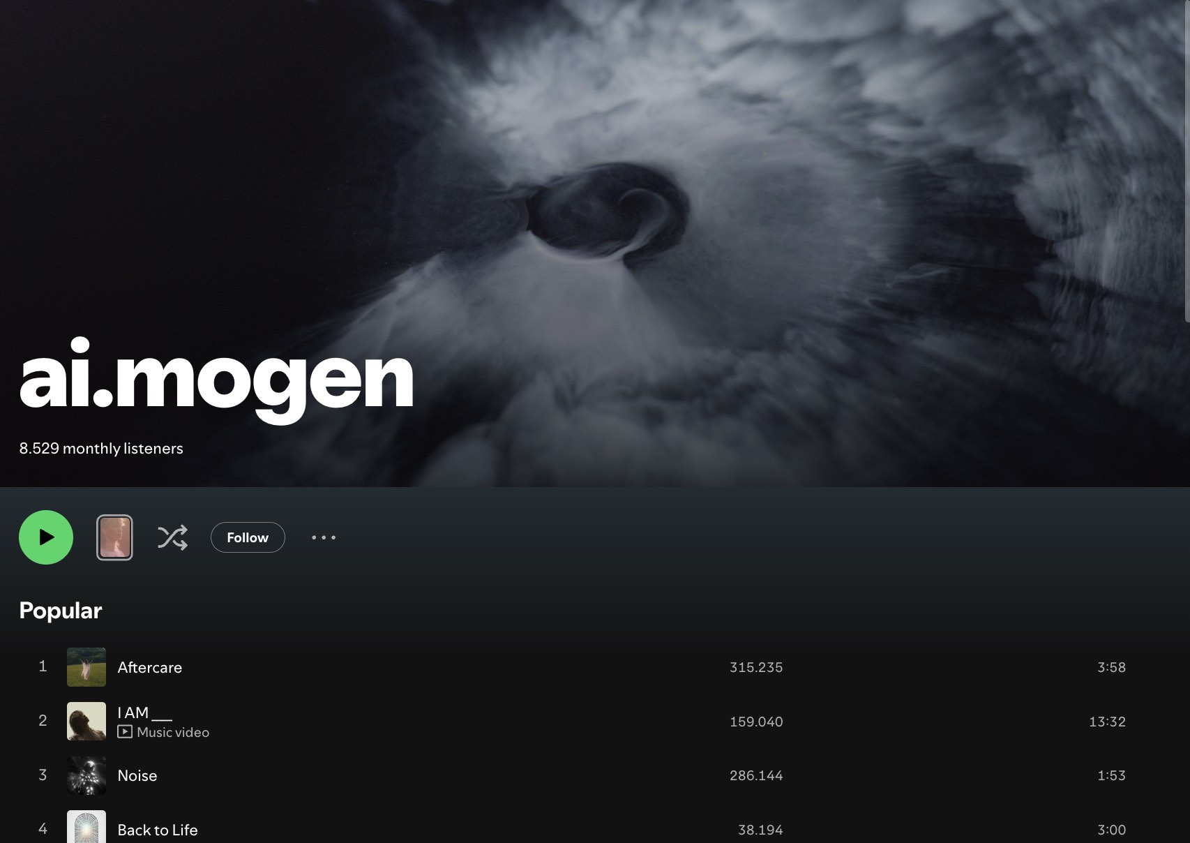 ai.mogen Spotify artist profile showing 8,529 monthly listeners with dark atmospheric artwork